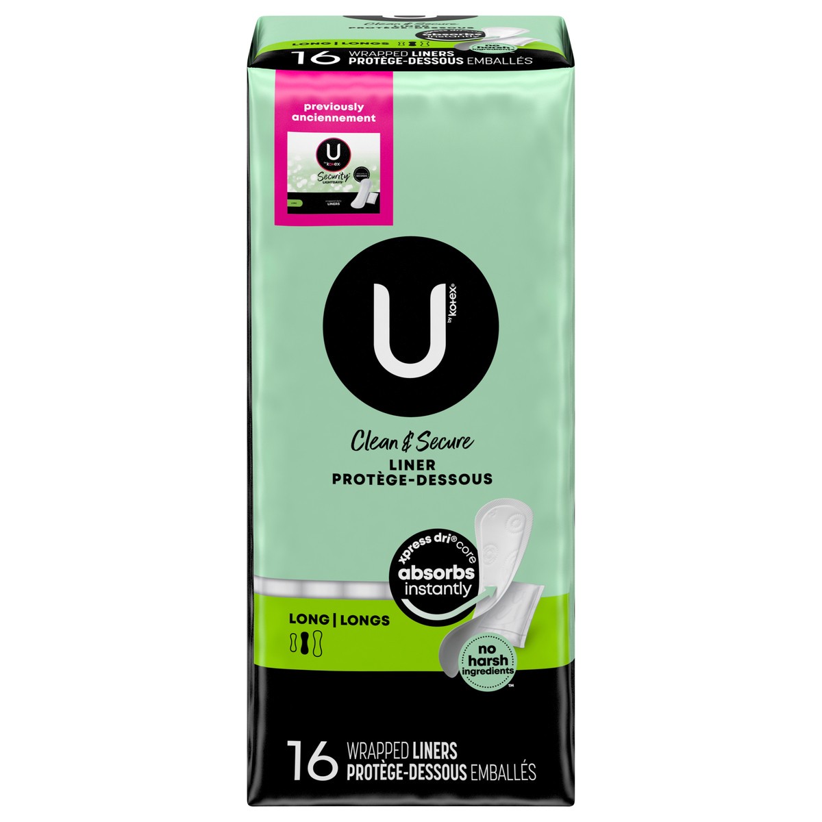 slide 1 of 9, U by Kotex Clean & Secure Wrapped Panty Liners, Light Absorbency, Long Length, 16 Count, 16 ct