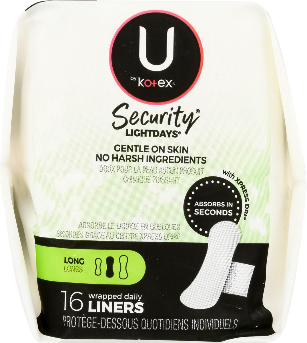 slide 2 of 9, U by Kotex Clean & Secure Wrapped Panty Liners, Light Absorbency, Long Length, 16 Count, 16 ct
