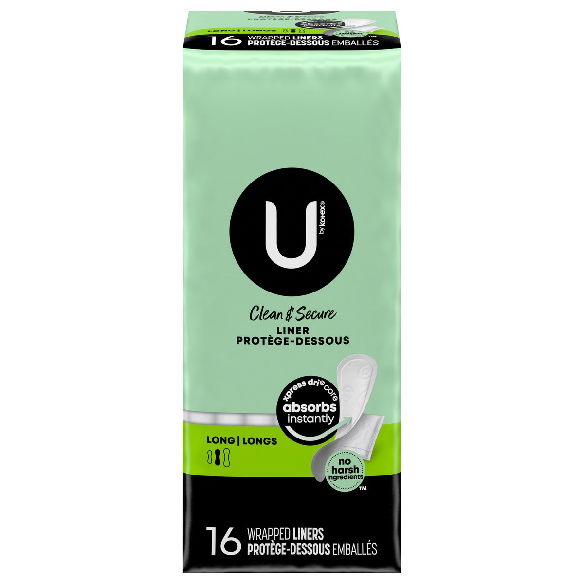 slide 1 of 9, U by Kotex Clean & Secure Wrapped Panty Liners, Light Absorbency, Long Length, 16 Count, 16 ct