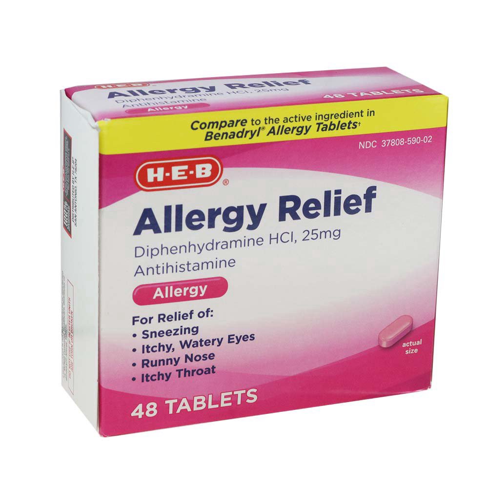 slide 1 of 1, H-E-B Allergy ReliefDiphenhydramine 25 mgAntihistamine Tablets, 48 ct