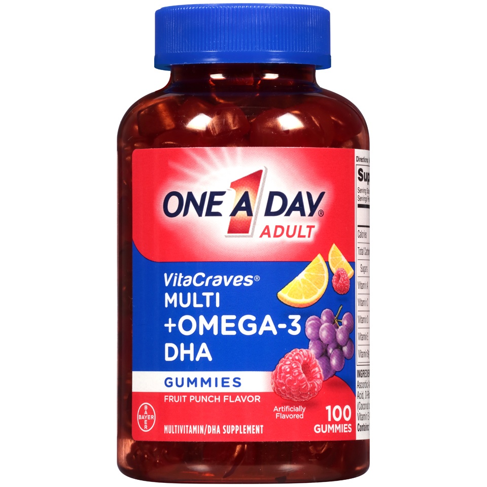 slide 1 of 1, One A Day Adult VitaCraves Multi + Omega-3 DHA Gummies Fruit Punch Flavor, 100 ct