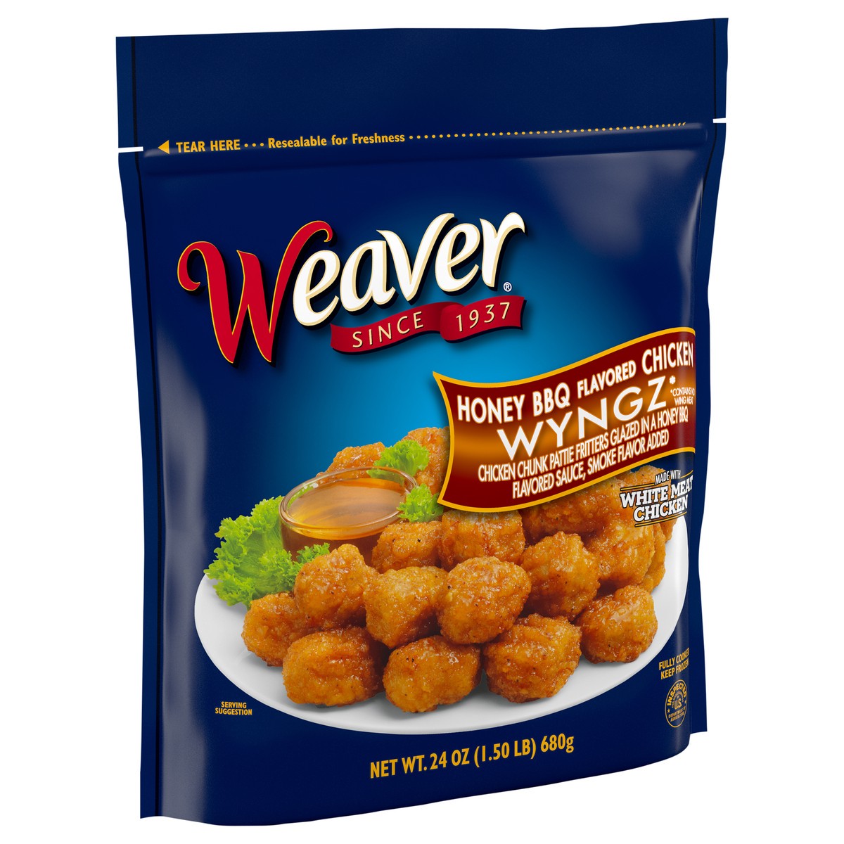 slide 3 of 9, Weaver Honey BBQ Boneless Chicken Wyngz, 1.5 lb. (Frozen), 680.39 g