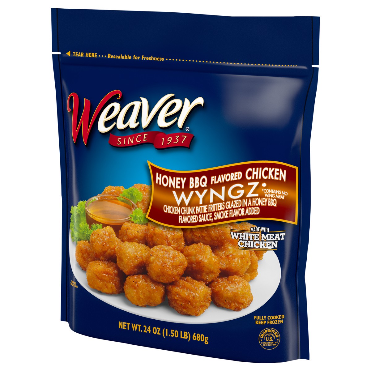 slide 4 of 9, Weaver Honey BBQ Boneless Chicken Wyngz, 1.5 lb. (Frozen), 680.39 g