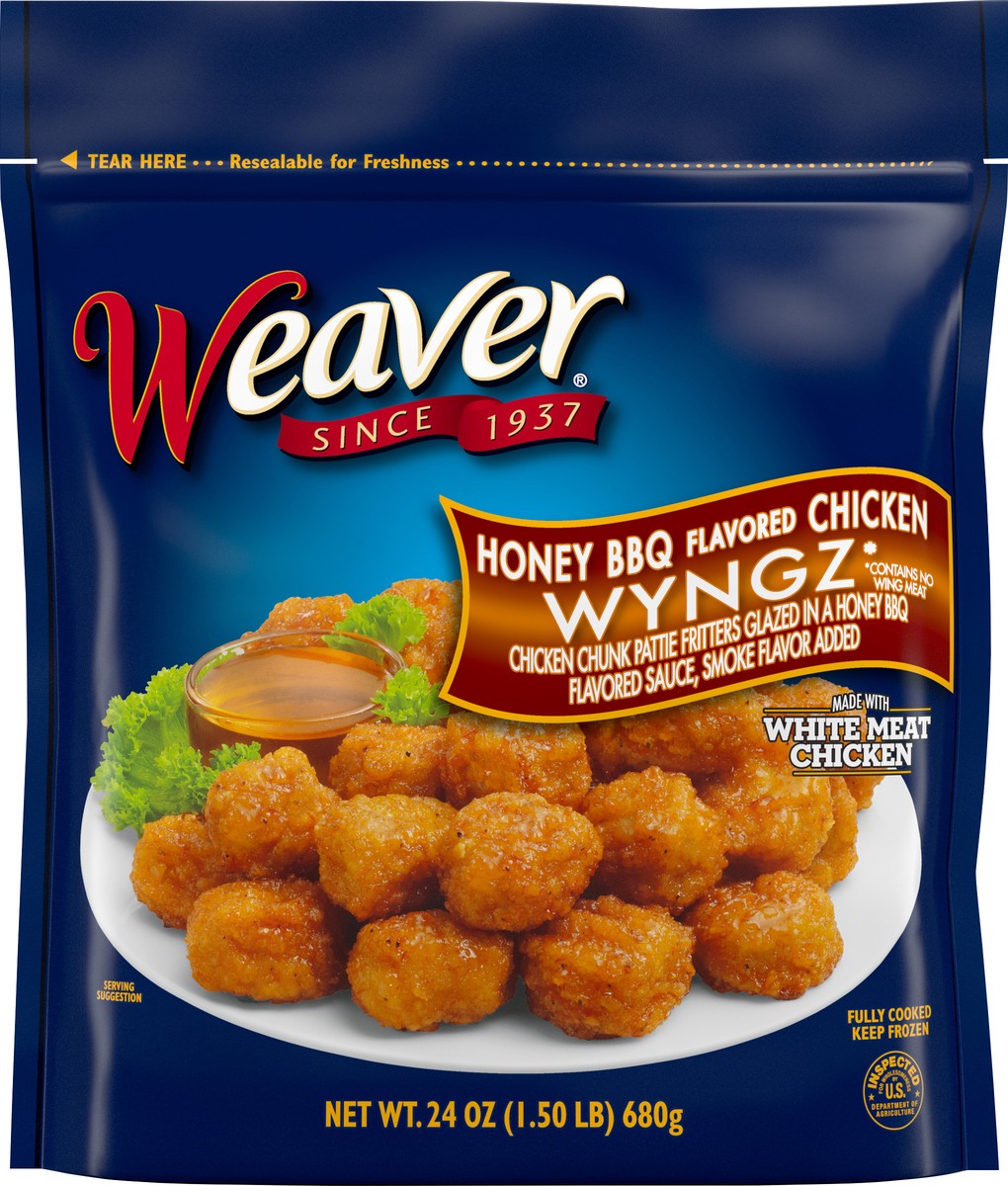 slide 2 of 9, Weaver Honey BBQ Boneless Chicken Wyngz, 1.5 lb. (Frozen), 680.39 g