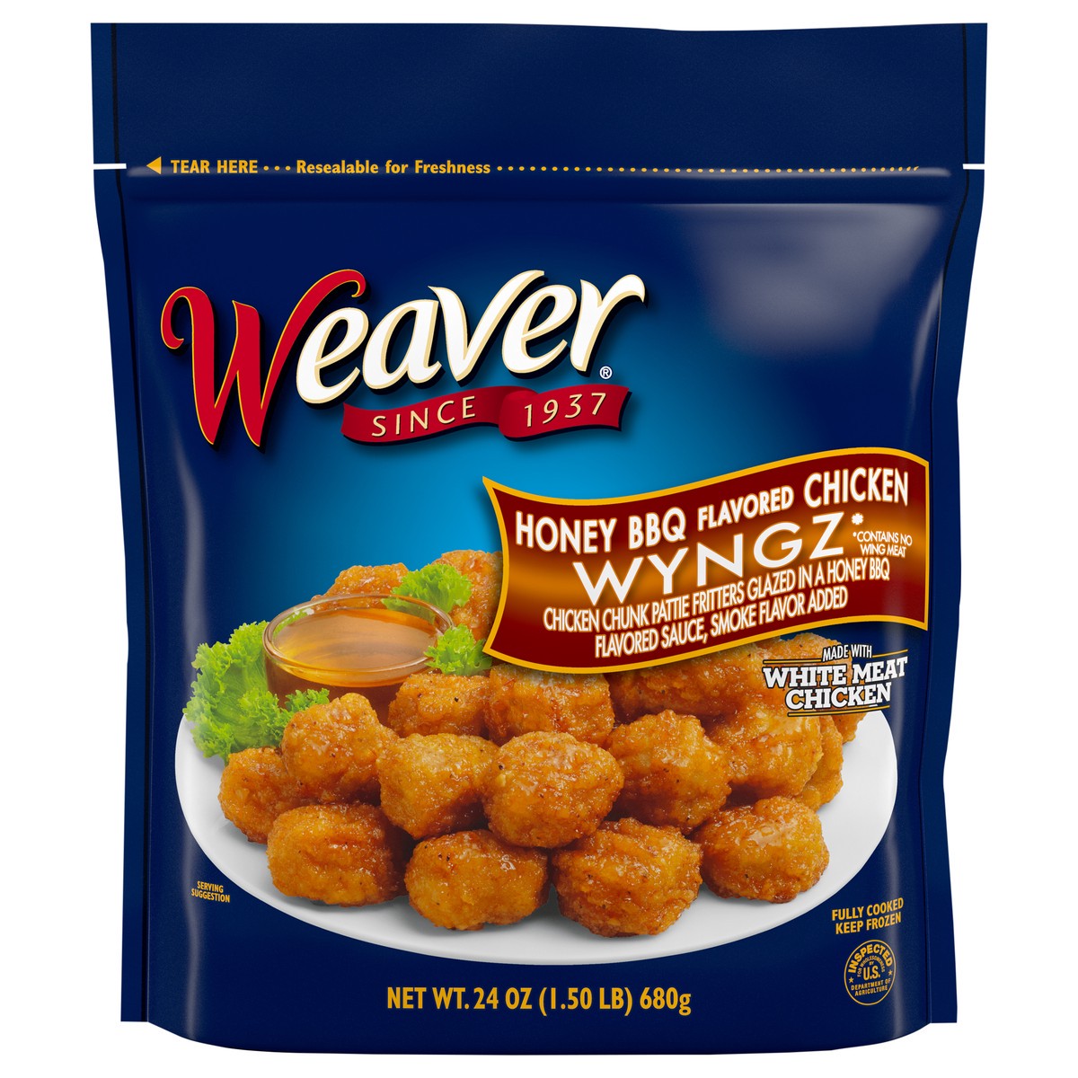 slide 9 of 9, Weaver Honey BBQ Boneless Chicken Wyngz, 1.5 lb. (Frozen), 680.39 g