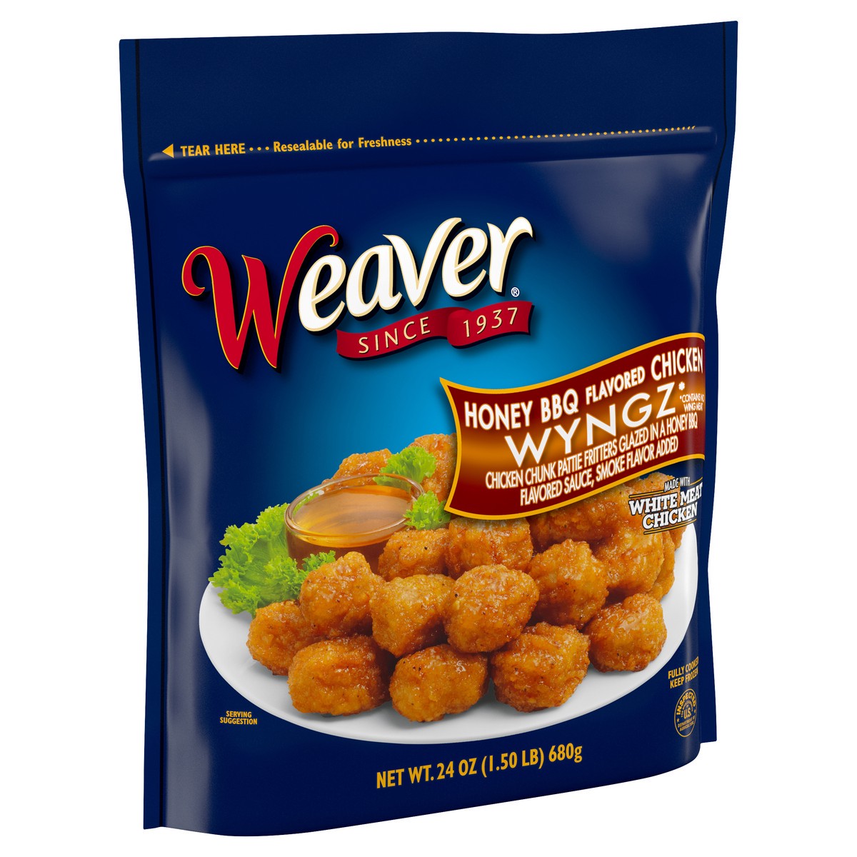 slide 1 of 9, Weaver Honey BBQ Boneless Chicken Wyngz, 1.5 lb. (Frozen), 680.39 g