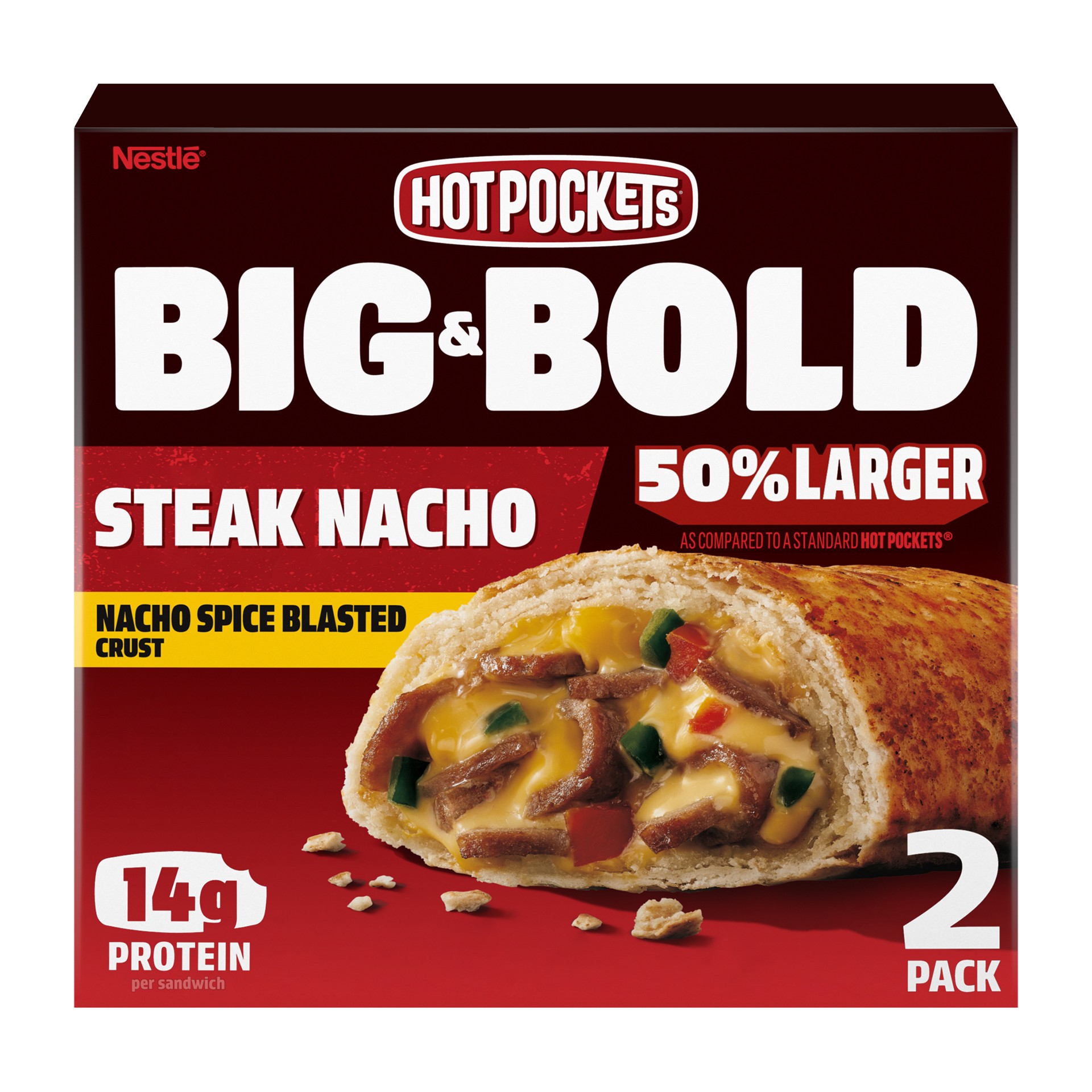 slide 1 of 3, Hot Pockets Big & Bold Steak Nacho Frozen Snacks, Frozen Steak Sandwich with Reduced Fat Cheddar Cheese, 2 Count Microwave Snacks, 13.5 oz