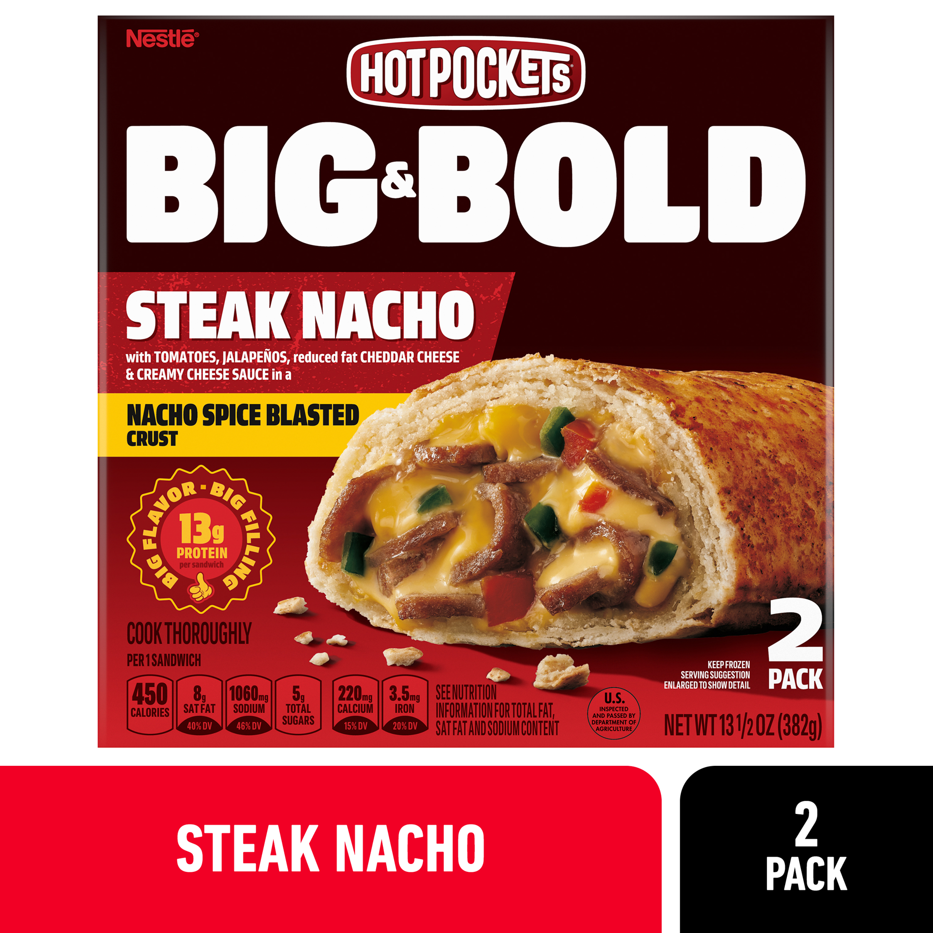 slide 1 of 3, Hot Pockets Big & Bold Steak Nacho Frozen Snacks, Frozen Steak Sandwich with Reduced Fat Cheddar Cheese, 2 Count Microwave Snacks, 13.5 oz