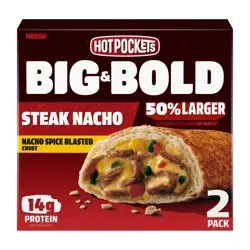 Hot Pockets Big & Bold Steak Nacho Frozen Snacks, Frozen Steak Sandwich with Reduced Fat Cheddar Cheese, 2 Count Microwave Snacks