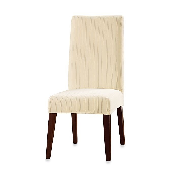 slide 1 of 1, SureFit Home Decor Stretch Pinstripe Short Dining Chair Slipcover - Cream, 1 ct
