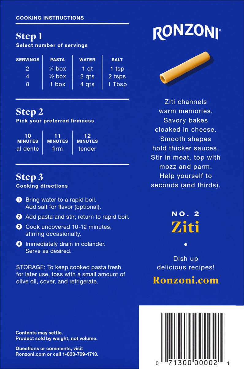 slide 8 of 9, Ronzoni Ziti, 16 oz, Non-GMO Pasta for Thick Sauces and Casseroles, 1 lb