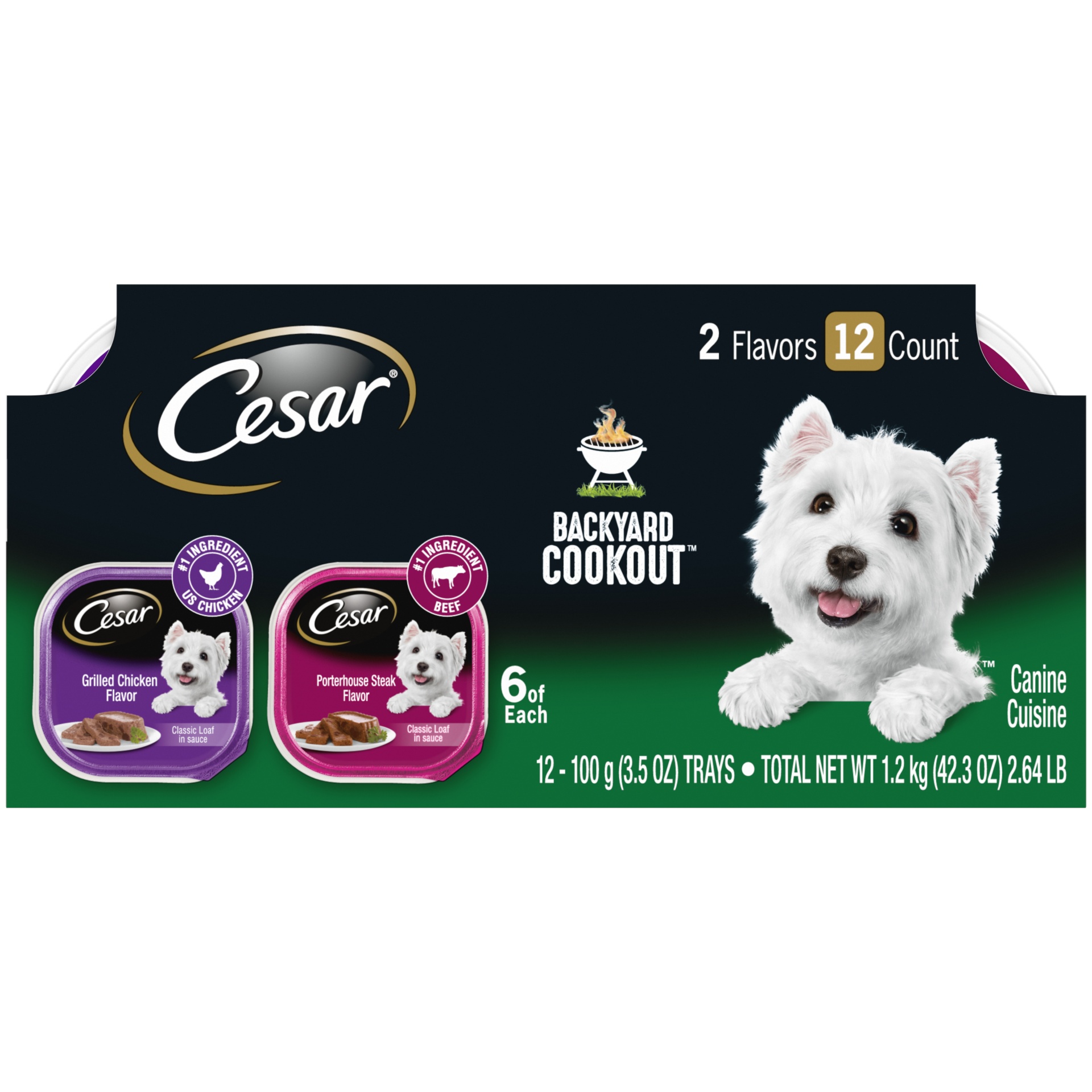 slide 1 of 1, CESAR BACKYARD COOKOUT Adult Wet Dog Food Classic Loaf in Sauce Variety Pack, Grilled Chicken and Porterhouse Steak Flavors, (12) Easy Peel Trays, 3.5 oz