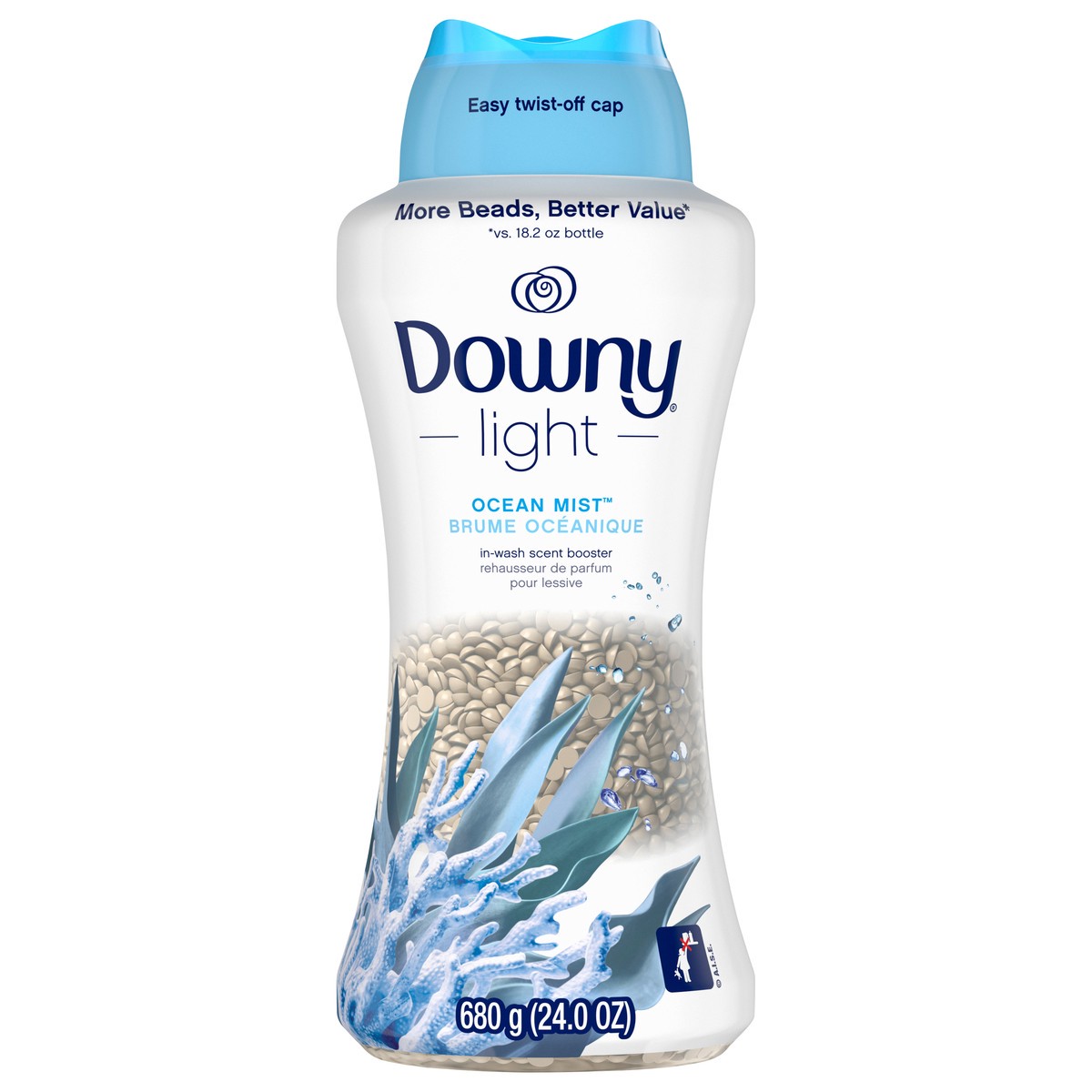 slide 4 of 7, Downy Light Laundry Scent Booster Beads, Ocean Mist Scent, 24 OZ, In-wash fabric beads designed to be gentle with a light boost of scent, No Heavy Perfumes, 1.5 lb