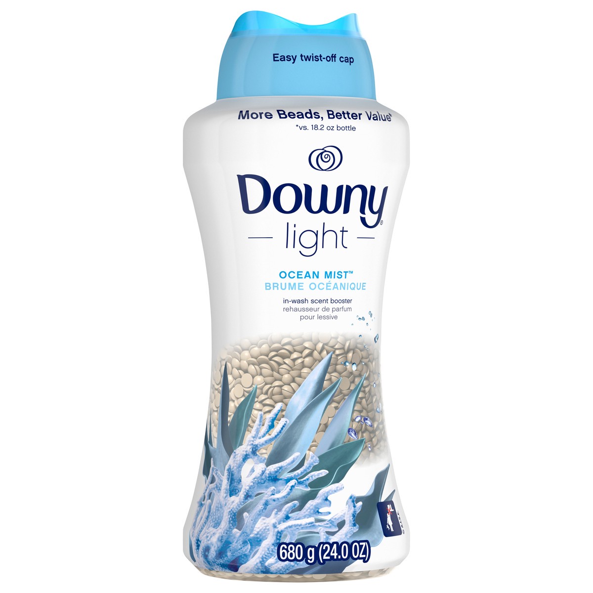 slide 3 of 7, Downy Light Laundry Scent Booster Beads, Ocean Mist Scent, 24 OZ, In-wash fabric beads designed to be gentle with a light boost of scent, No Heavy Perfumes, 1.5 lb