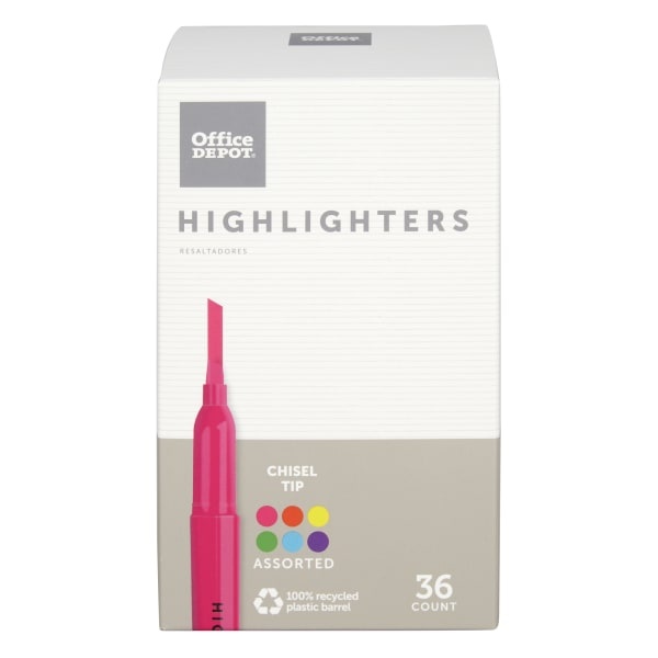 slide 1 of 8, Office Depot Brand Pen-Style Highlighters, Chisel Tip, 100% Recycled, Assorted Colors, Pack Of 36, 36 ct