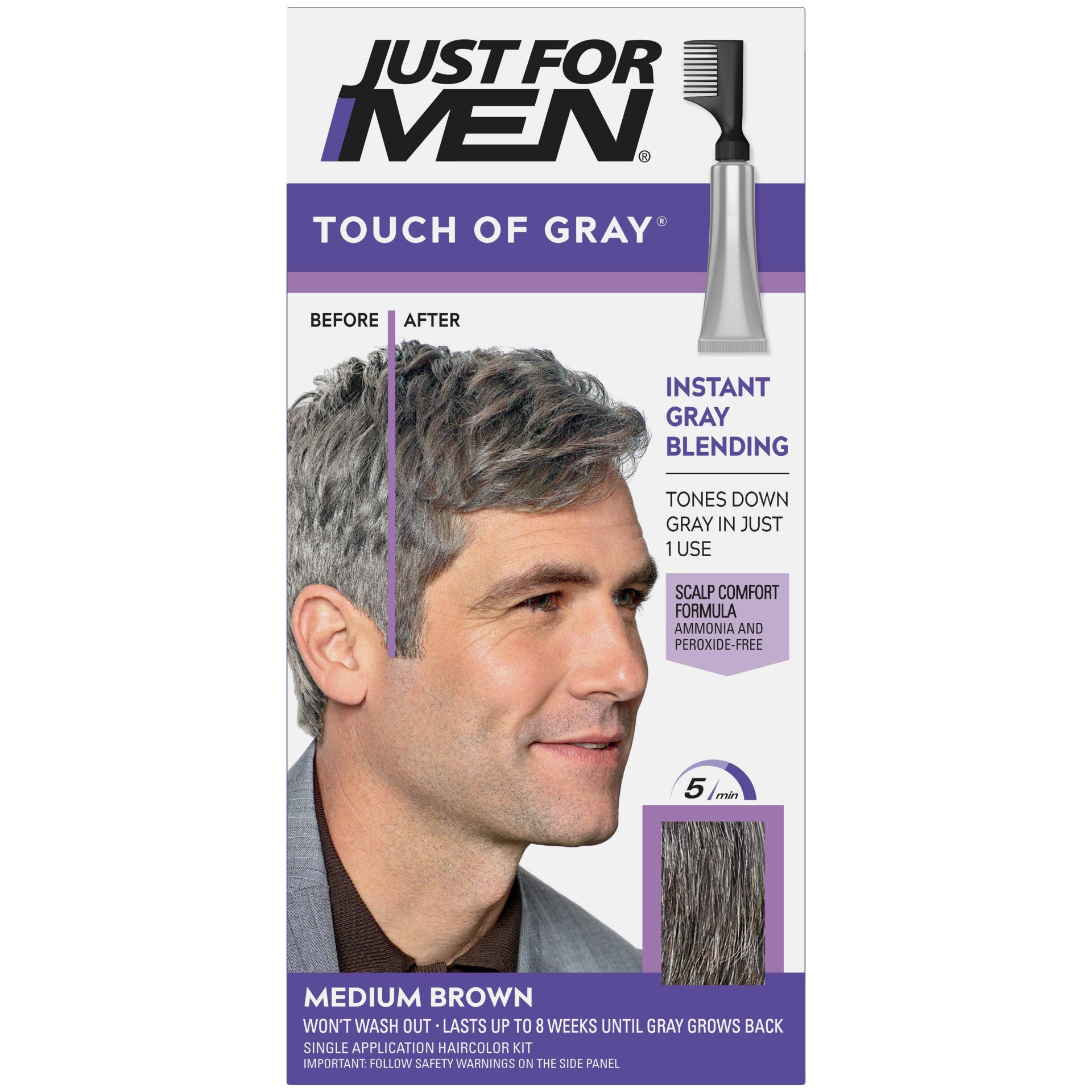 slide 1 of 6, Just for Men Touch Of Gray Instant Gray Blending Hair Color, Medium Brown, 1 ct