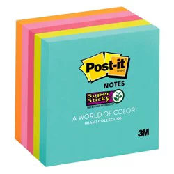 Post-it Super Sticky Notes, 3" x 3", Miami, Pack of 5 Pads