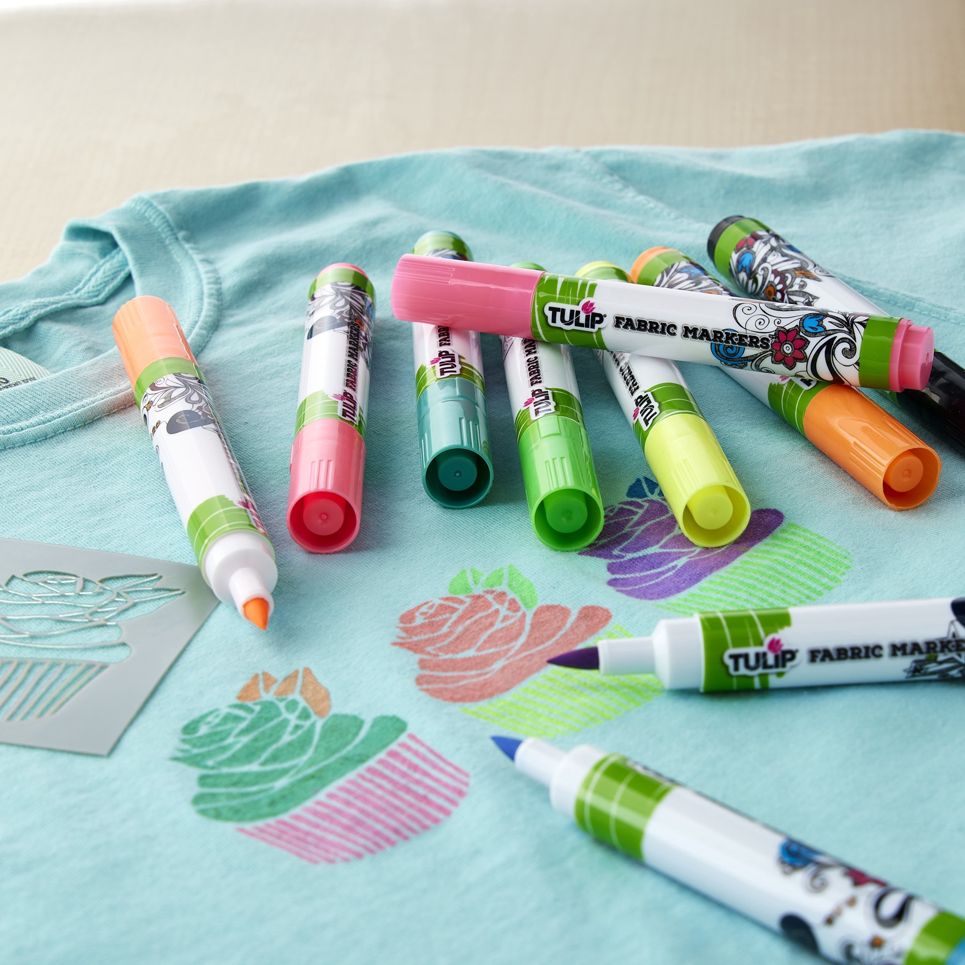 slide 3 of 3, Tulip Fabric Markers Brush Tip Neon, includes 10 ct