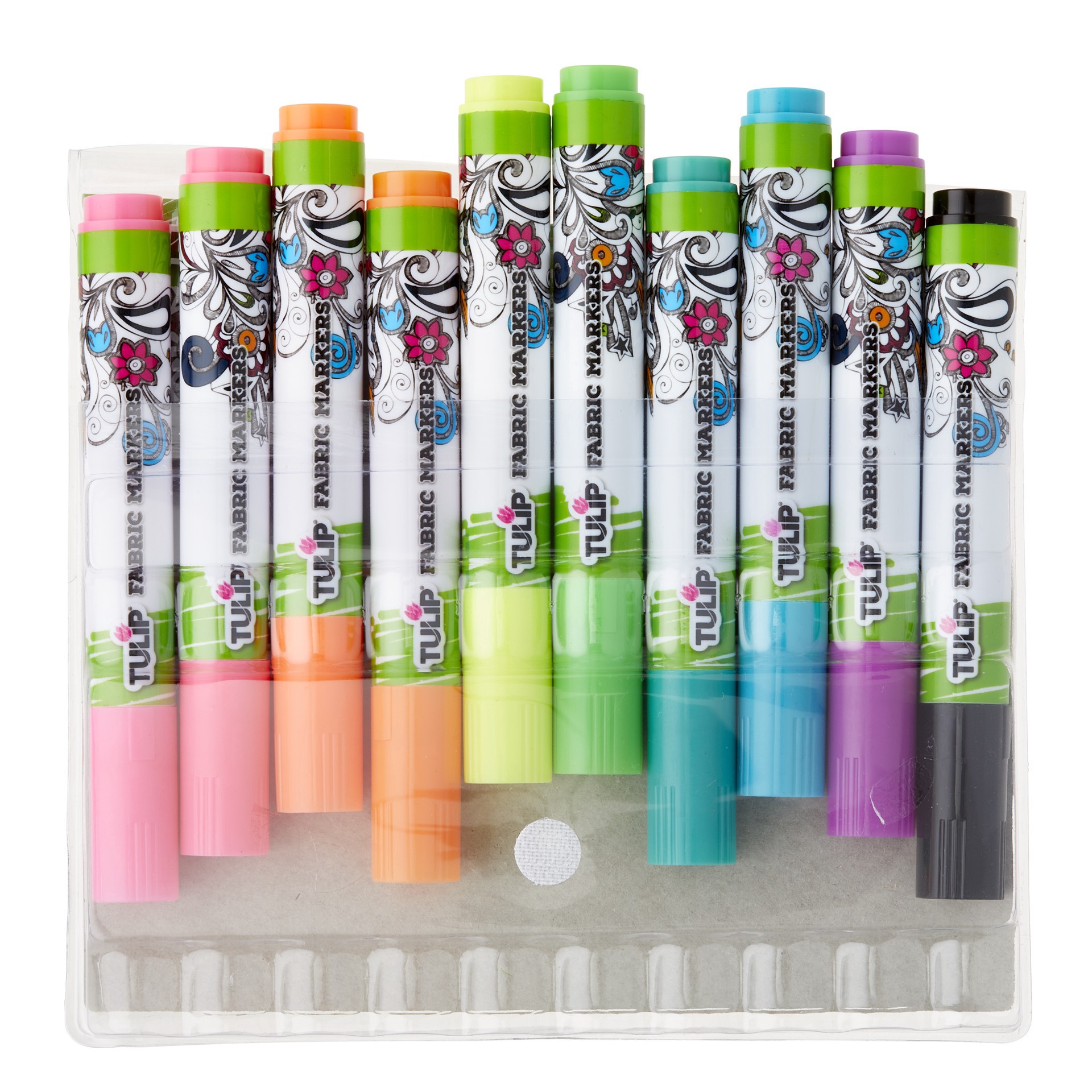 slide 2 of 3, Tulip Fabric Markers Brush Tip Neon, includes 10 ct