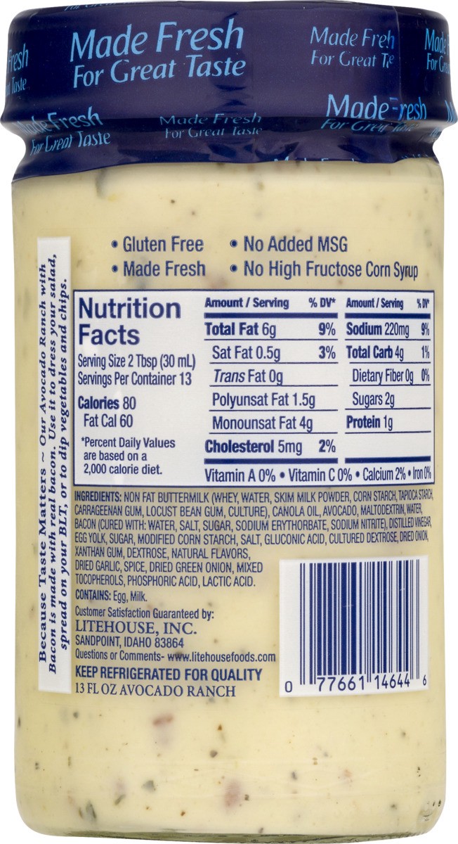 slide 2 of 8, Litehouse Avocado Ranch With Bacon Dressing, 13 fl oz