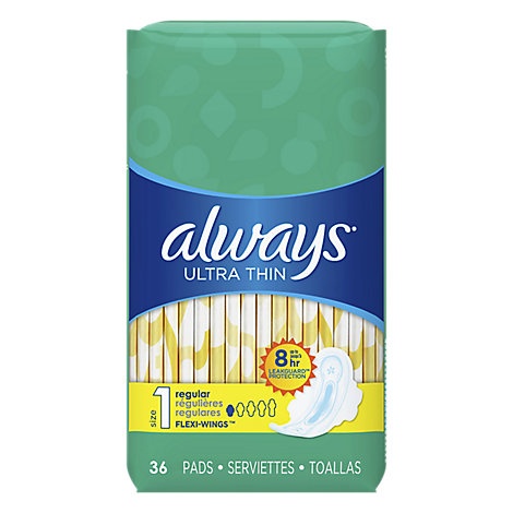 slide 1 of 1, Always Pads Ultra Thin Size 1 Regular Pads With Wings Unscented, 36 ct