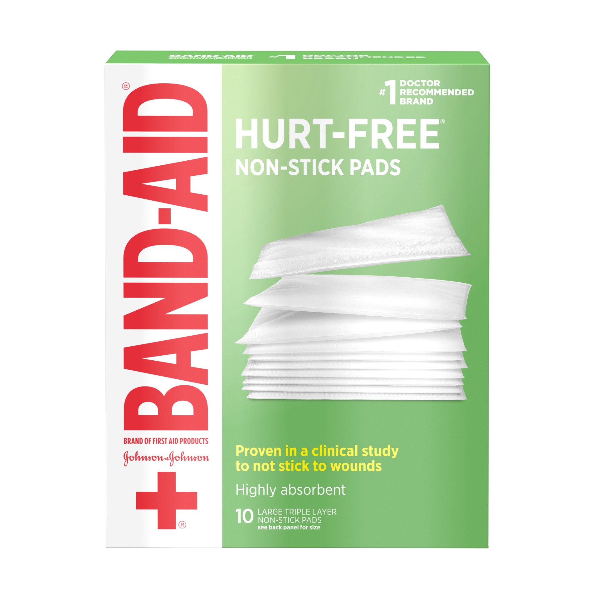 slide 2 of 7, BAND-AID Hurt-Free Non-Stick Pads with Hurt-Free Design for Wound Care & Wound Protection, Highly-Absorbent Individually-Wrapped Sterile Pads, Large Size, 3 inches x 4 inches, 10 ct