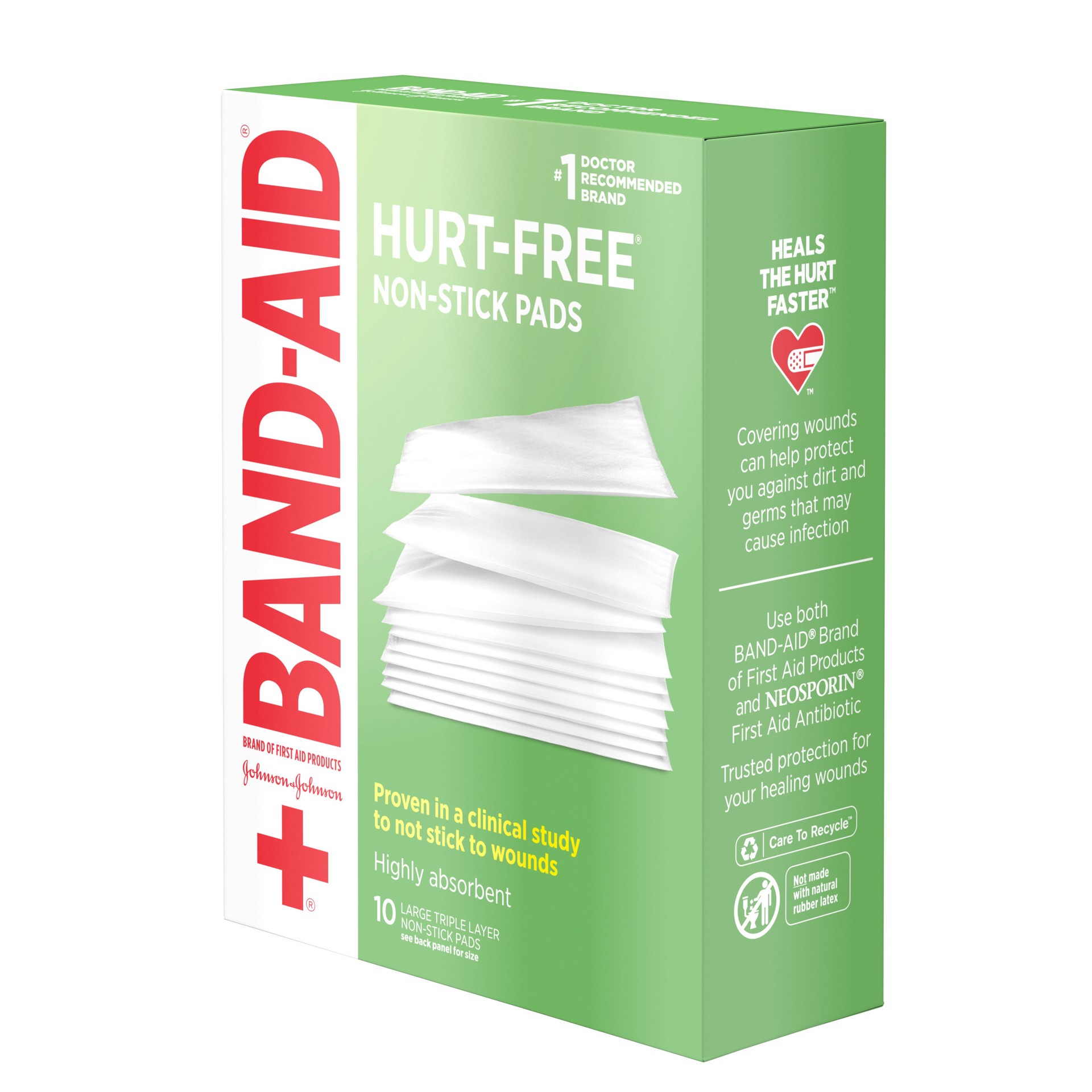 slide 4 of 7, BAND-AID Hurt-Free Non-Stick Pads with Hurt-Free Design for Wound Care & Wound Protection, Highly-Absorbent Individually-Wrapped Sterile Pads, Large Size, 3 inches x 4 inches, 10 ct