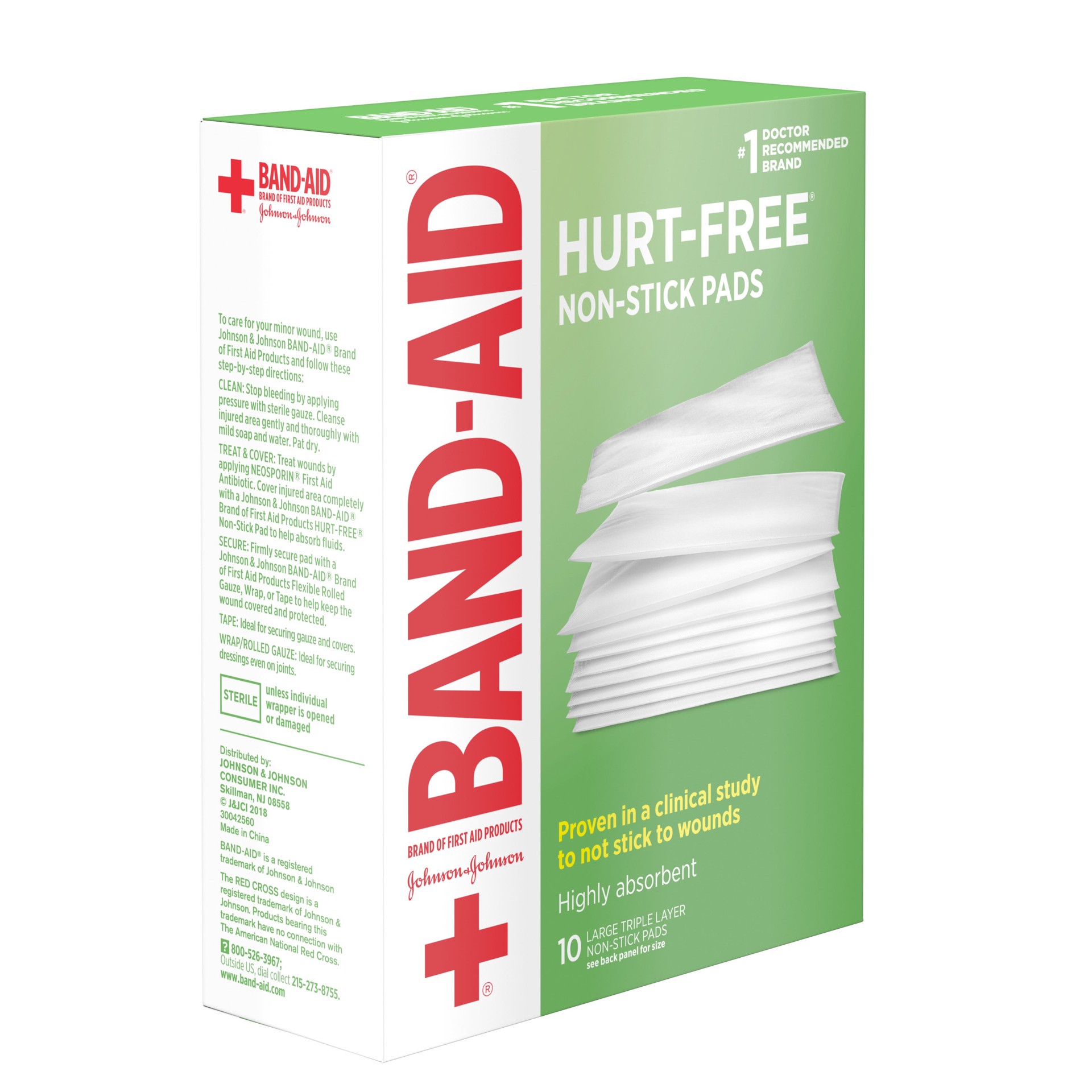 slide 6 of 7, BAND-AID Hurt-Free Non-Stick Pads with Hurt-Free Design for Wound Care & Wound Protection, Highly-Absorbent Individually-Wrapped Sterile Pads, Large Size, 3 inches x 4 inches, 10 ct