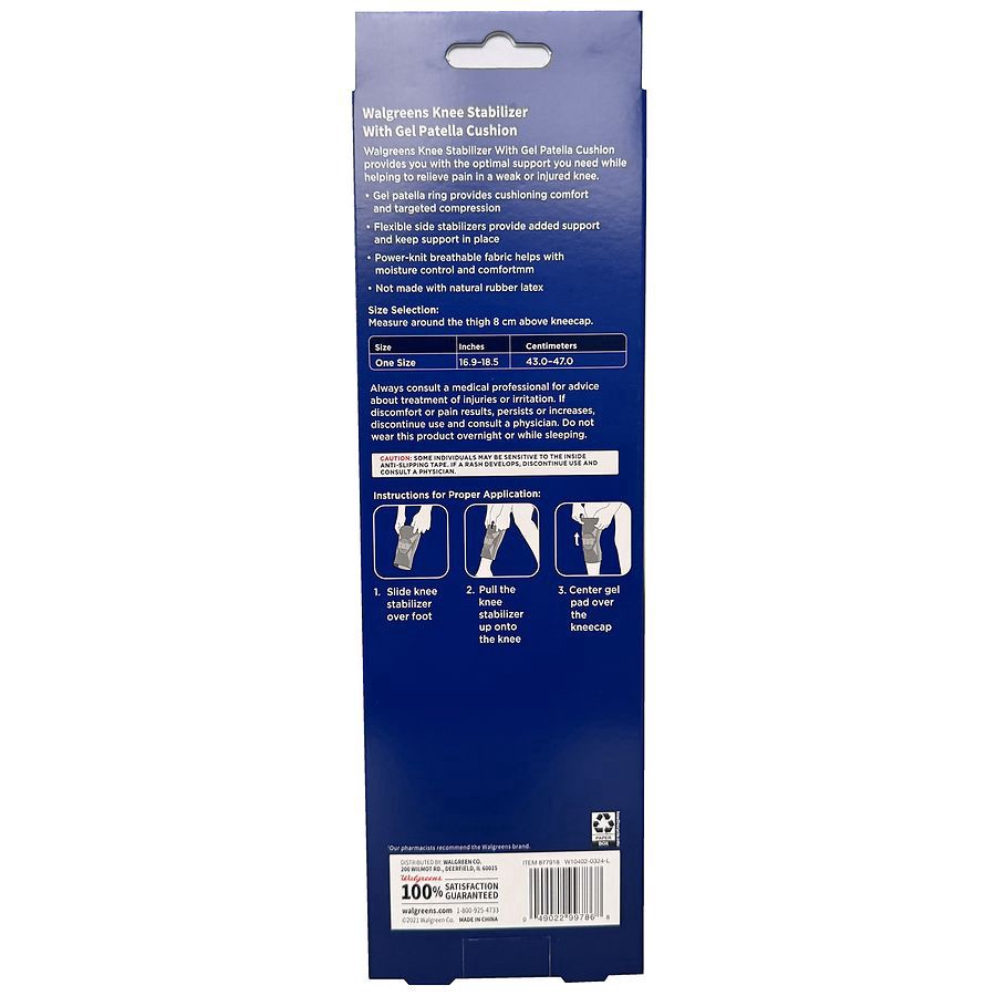 slide 2 of 3, Walgreens Knee Stabilizer With Gel Patella Cushion One Size, 1 ct