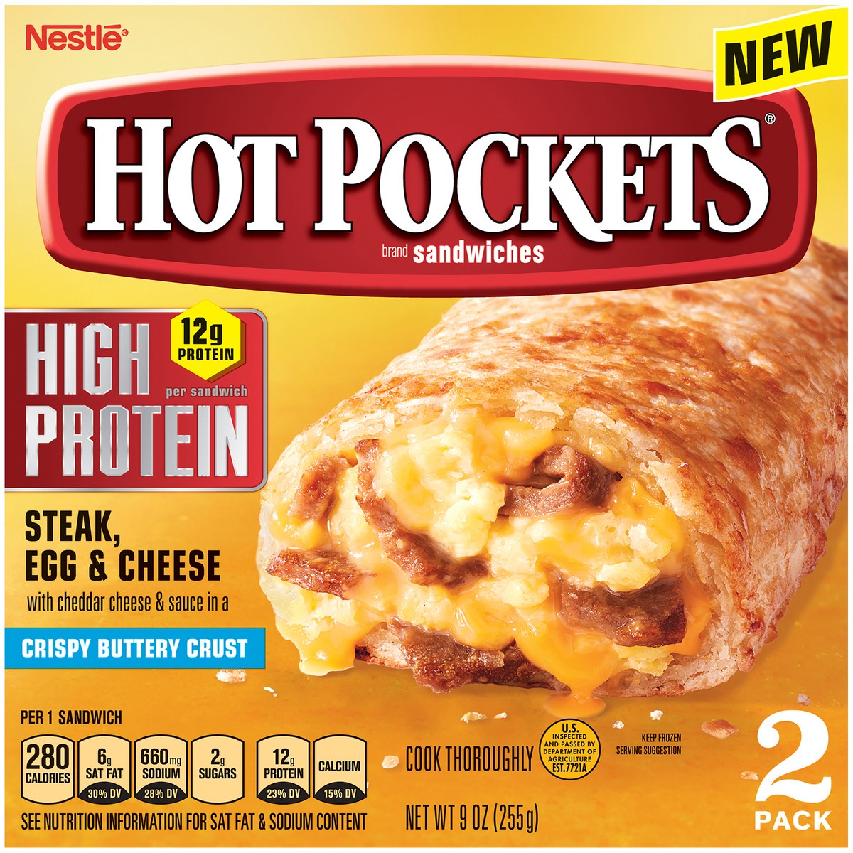 slide 5 of 14, Hot Pockets High Protein Steak, Egg & Cheese Frozen Breakfast Sandwiches, 9 oz