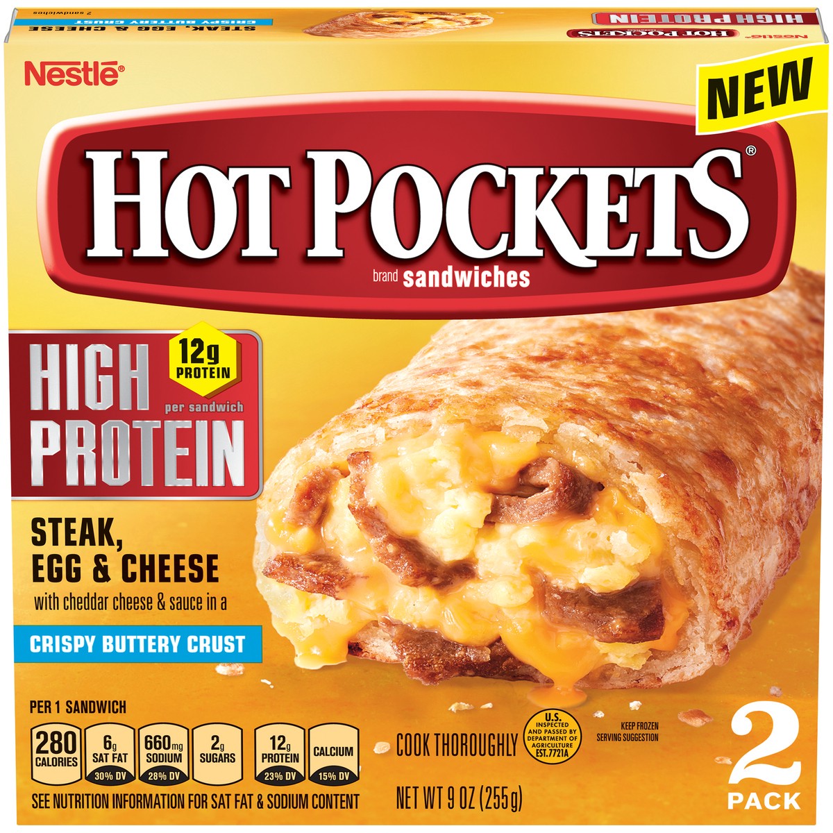 slide 1 of 14, Hot Pockets High Protein Steak, Egg & Cheese Frozen Breakfast Sandwiches, 9 oz