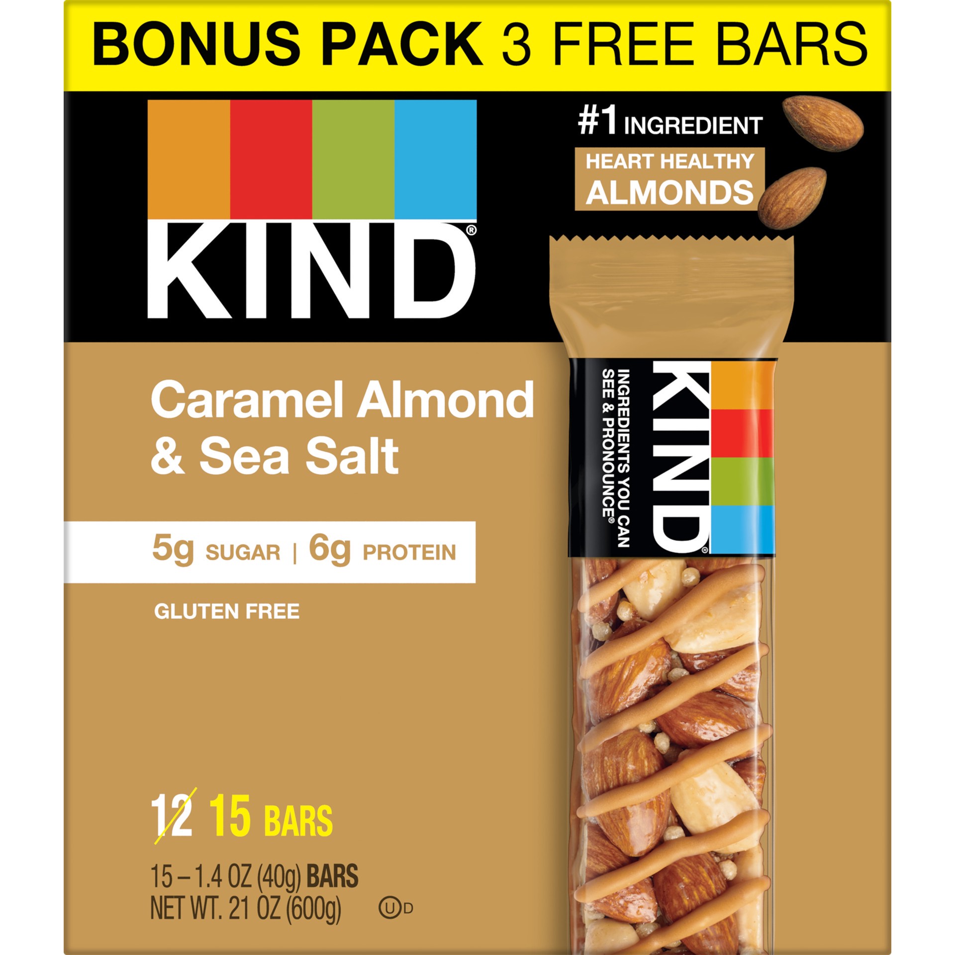 slide 1 of 4, KIND Nut Bars, Caramel Almond & Sea Salt, 1.4 oz, 15 Count, 15 ct