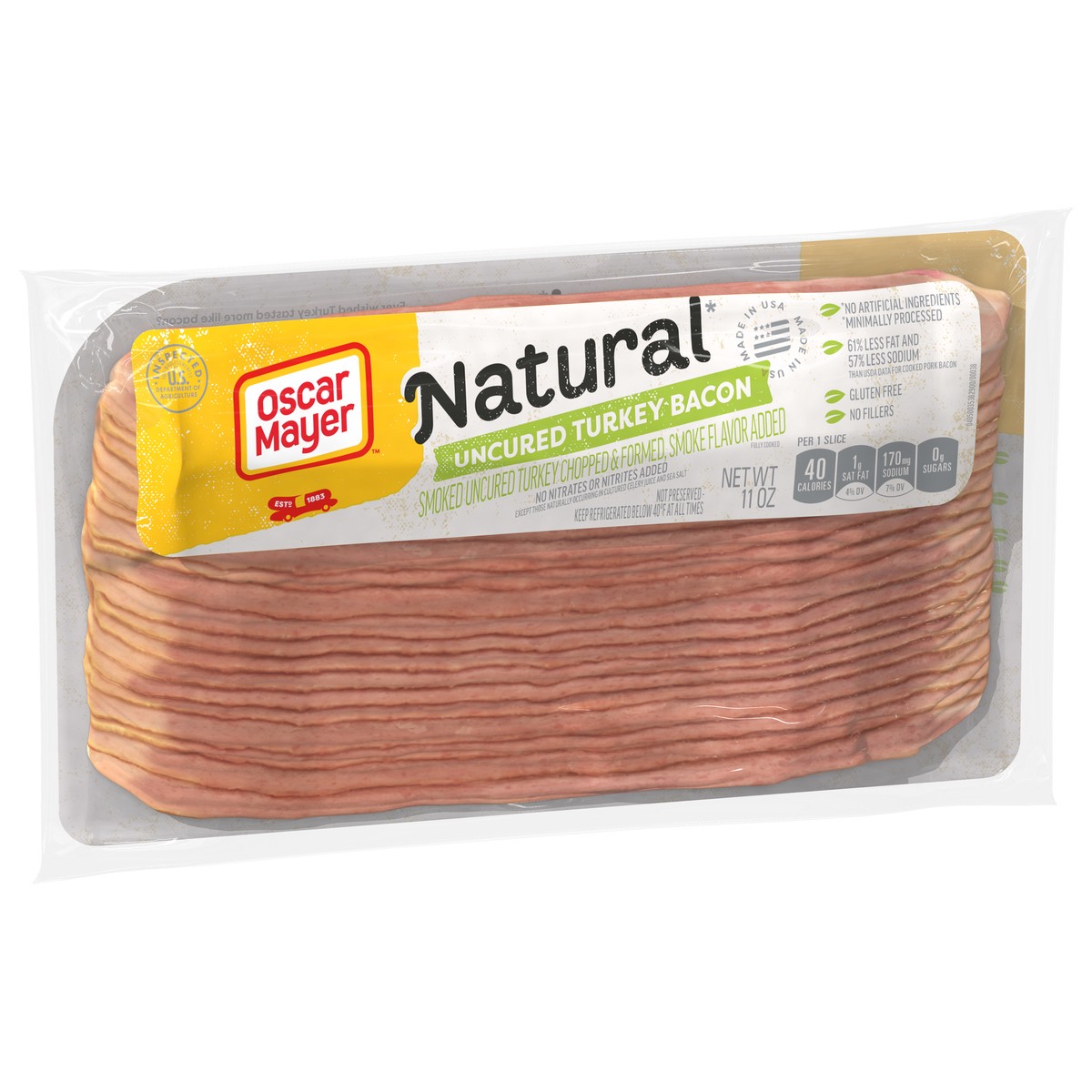 slide 5 of 9, Oscar Mayer Natural Selects Uncured Turkey Bacon with 58% Less Fat & 57% Less Sodium, 11 oz Pack, 20-22 slices, 11.5 oz