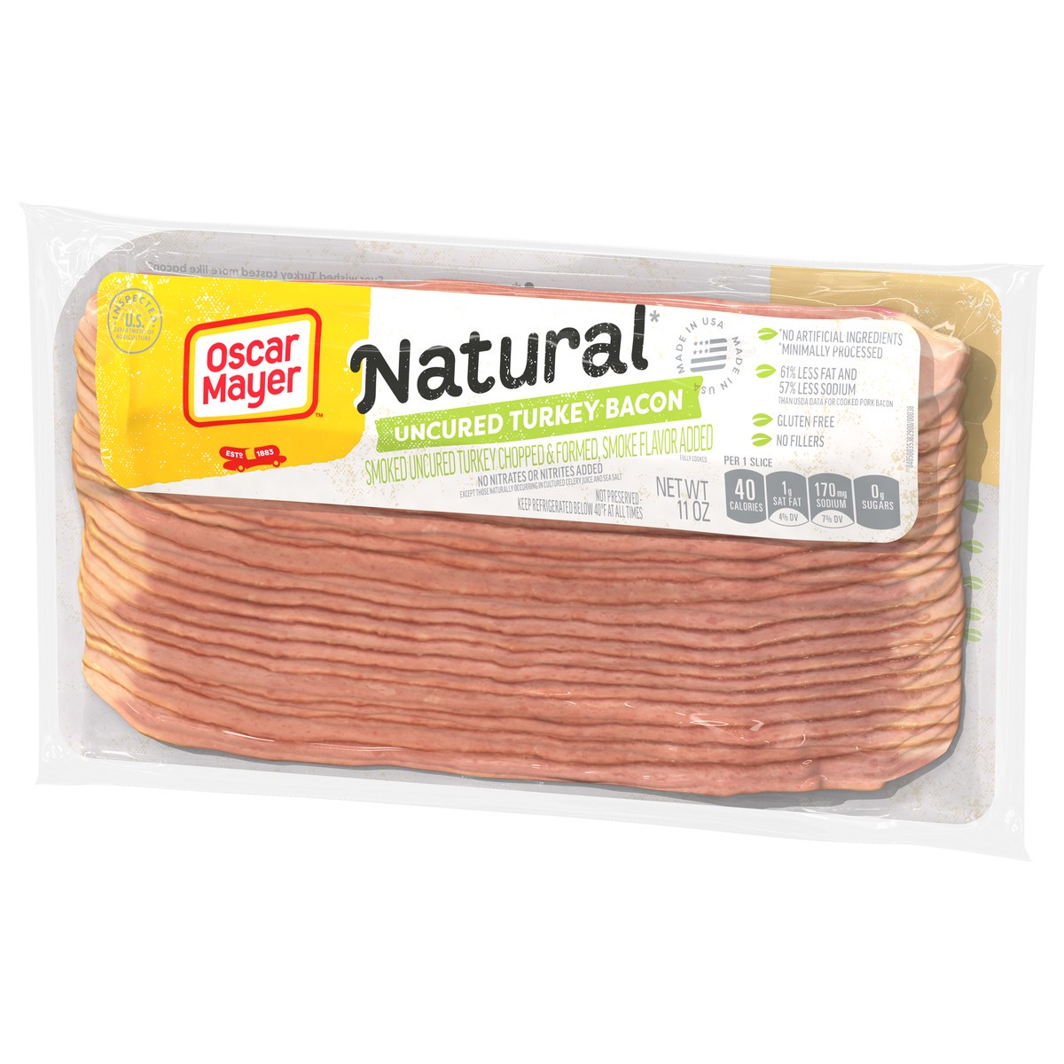 slide 7 of 9, Oscar Mayer Natural Selects Uncured Turkey Bacon with 58% Less Fat & 57% Less Sodium, 11 oz Pack, 20-22 slices, 11.5 oz