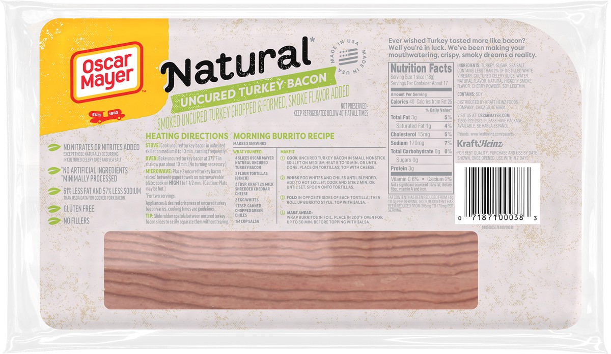 slide 2 of 9, Oscar Mayer Natural Selects Uncured Turkey Bacon with 58% Less Fat & 57% Less Sodium, 11 oz Pack, 20-22 slices, 11.5 oz