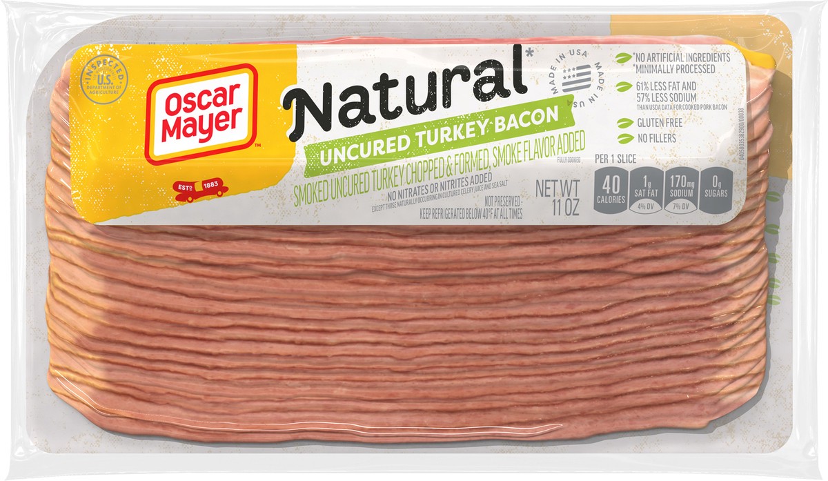 slide 8 of 9, Oscar Mayer Natural Selects Uncured Turkey Bacon with 58% Less Fat & 57% Less Sodium, 11 oz Pack, 20-22 slices, 11.5 oz