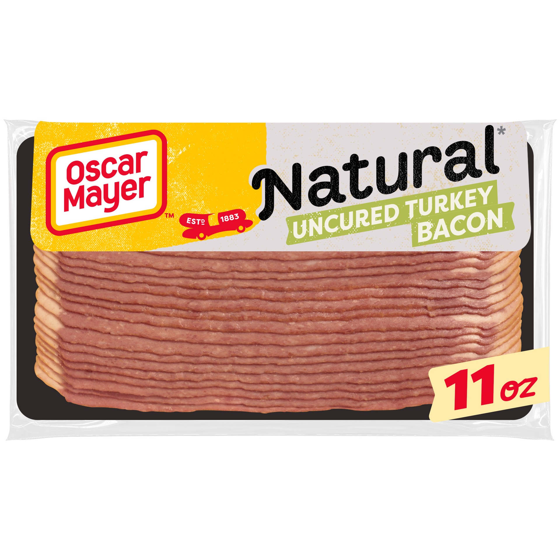 slide 1 of 9, Oscar Mayer Natural Selects Uncured Turkey Bacon with 58% Less Fat & 57% Less Sodium, 11 oz Pack, 20-22 slices, 11.5 oz