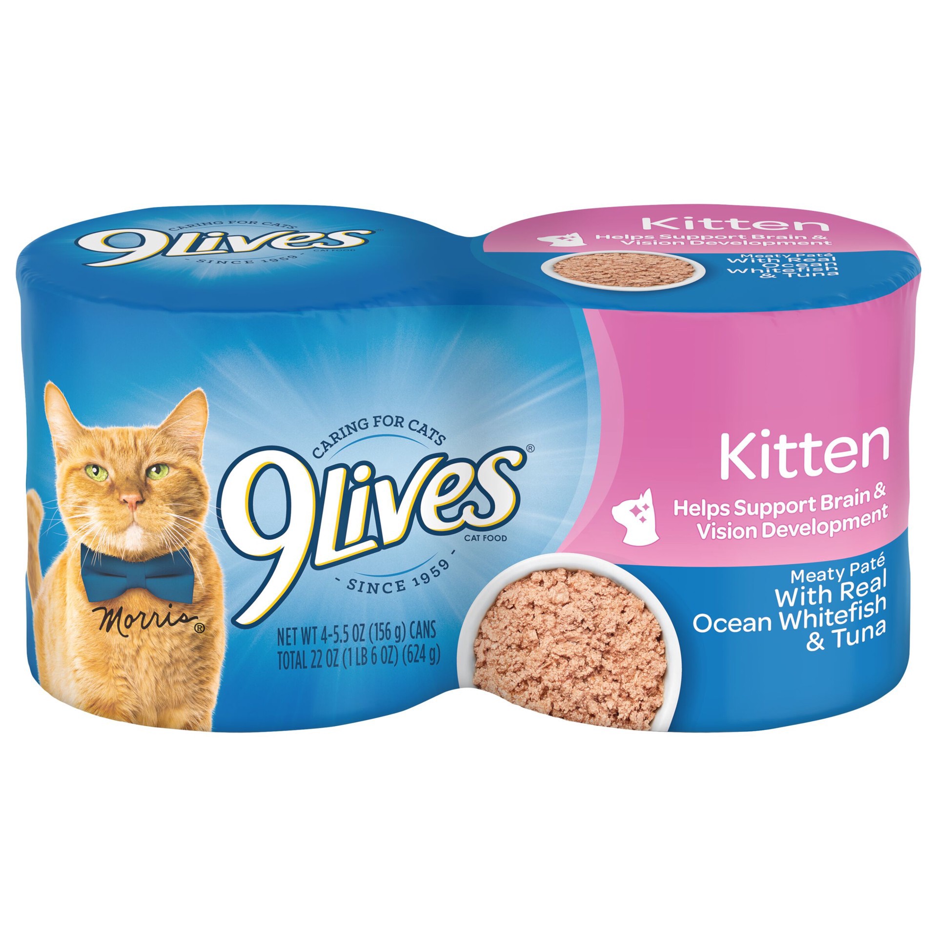 slide 1 of 1, 9Lives Wet Kitten Food, Meaty Paté With Real Ocean Whitefish & Tuna, 5.5 Ounce Can (Pack of 4), 22 oz
