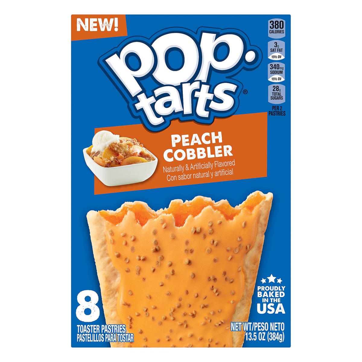 slide 1 of 5, Pop-Tarts Toaster Pastries, Frosted Peach Cobbler, 13.5 oz, 4 Count, 13.5 oz