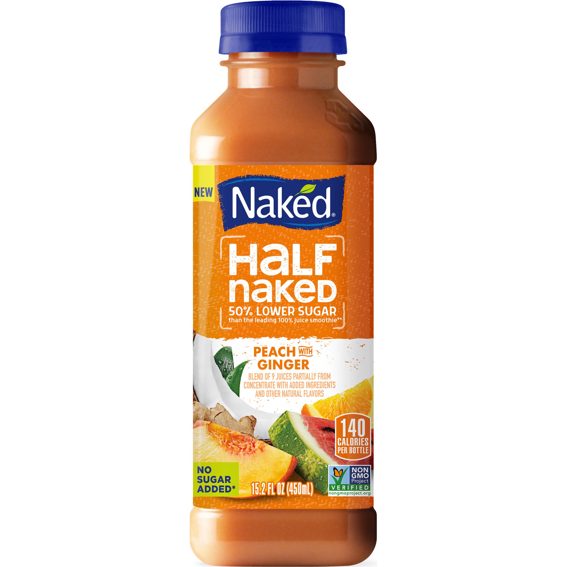 slide 1 of 3, Naked Half Naked 100% Juice Blend Peach with Ginger 15.2 Fl Oz Bottle, 15.2 oz