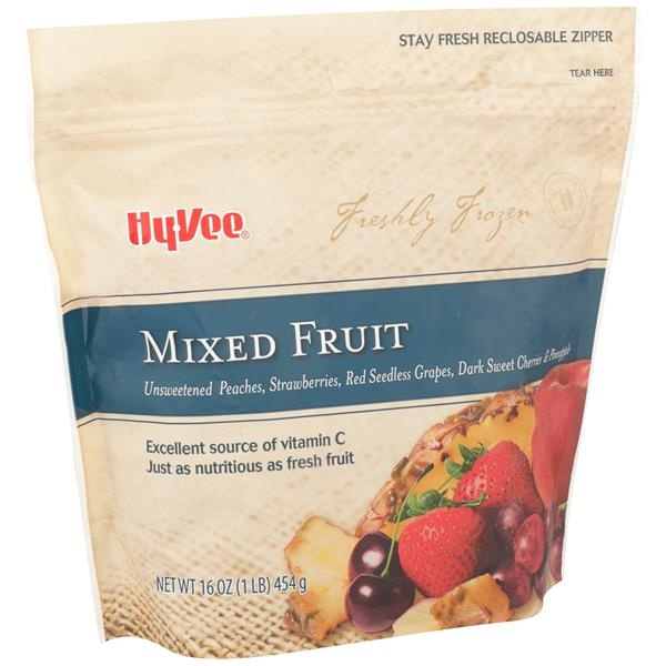 slide 1 of 1, Hy-vee Freshly Frozen Unsweetened Mixed Fruit Peaches, Strawberries, Red Seedless Grapes, Dark Sweet Cherries & Pineapple, 16 oz