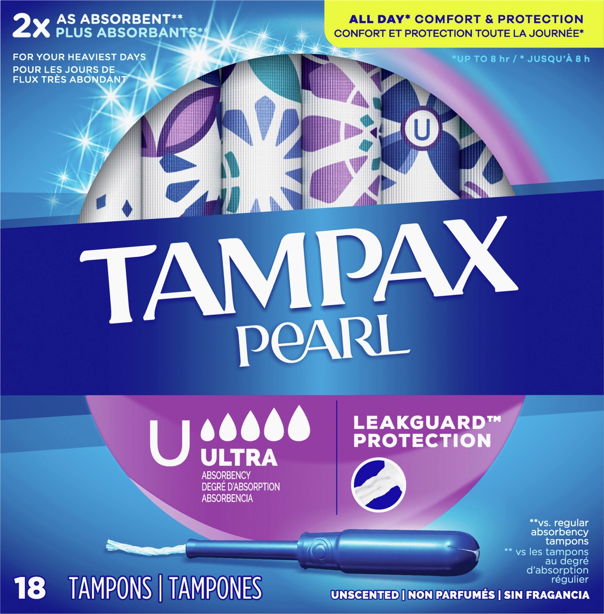 slide 4 of 4, Tampax Pearl Tampons, with LeakGuard Braid, Ultra Absorbency, Unscented, 3 Count, 18 ct