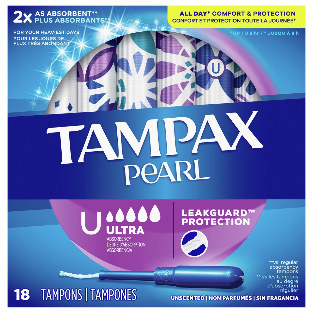 slide 1 of 4, Tampax Pearl Tampons, with LeakGuard Braid, Ultra Absorbency, Unscented, 3 Count, 18 ct