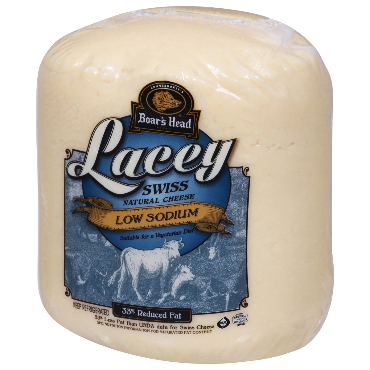 slide 9 of 9, Boar's Head Lacey Low Sodium Swiss Cheese 1 ea, per lb