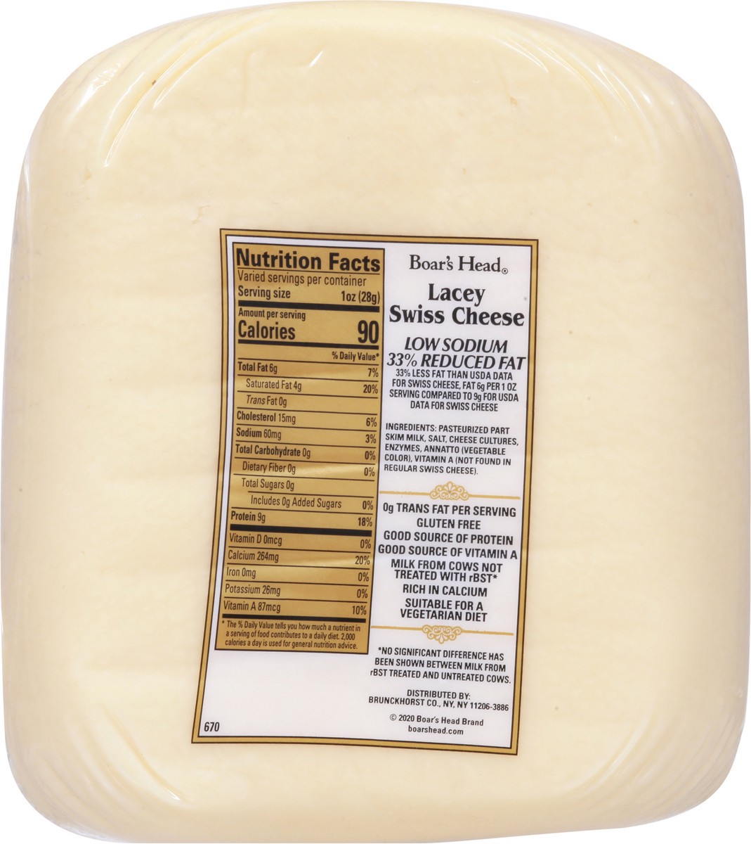 slide 5 of 9, Boar's Head Lacey Low Sodium Swiss Cheese 1 ea, per lb