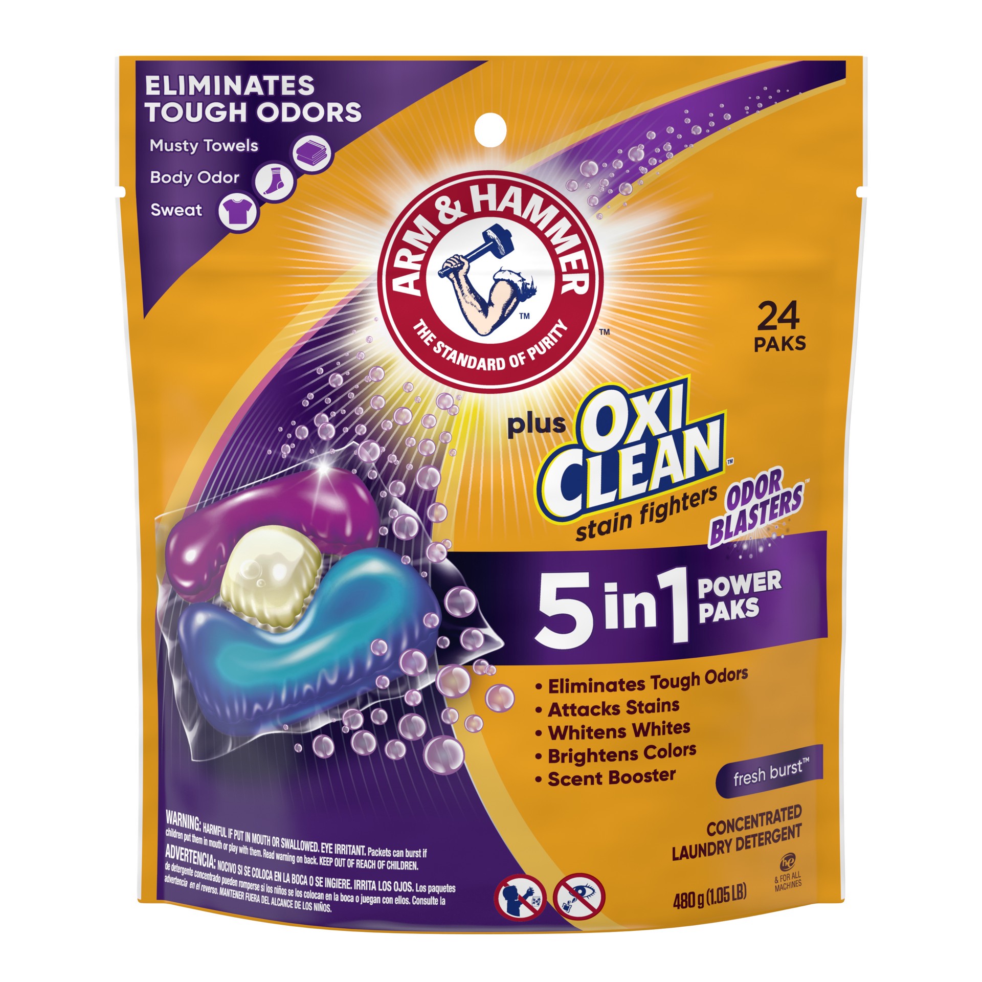 slide 1 of 7, ARM & HAMMER Plus OxiClean With Odor Blasters Laundry Detergent, 5-IN-1 Power Paks, 24 Ct, 24 ct