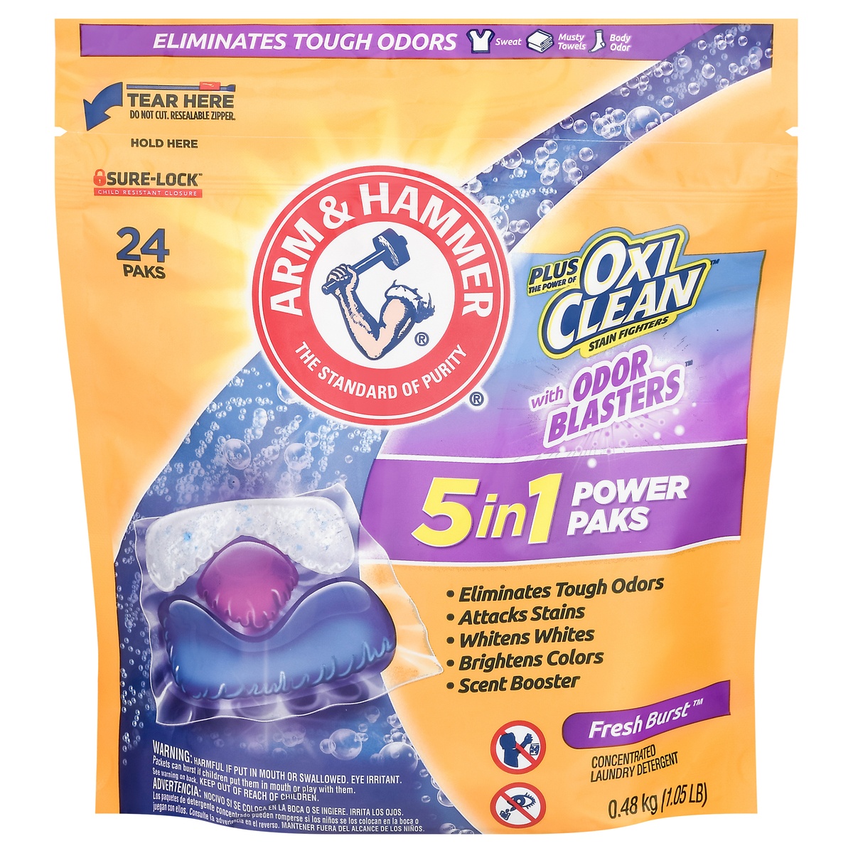 slide 1 of 1, ARM & HAMMER Oxi Clean with Odor Blasters 3-in-1 Power Paks, 24 ct