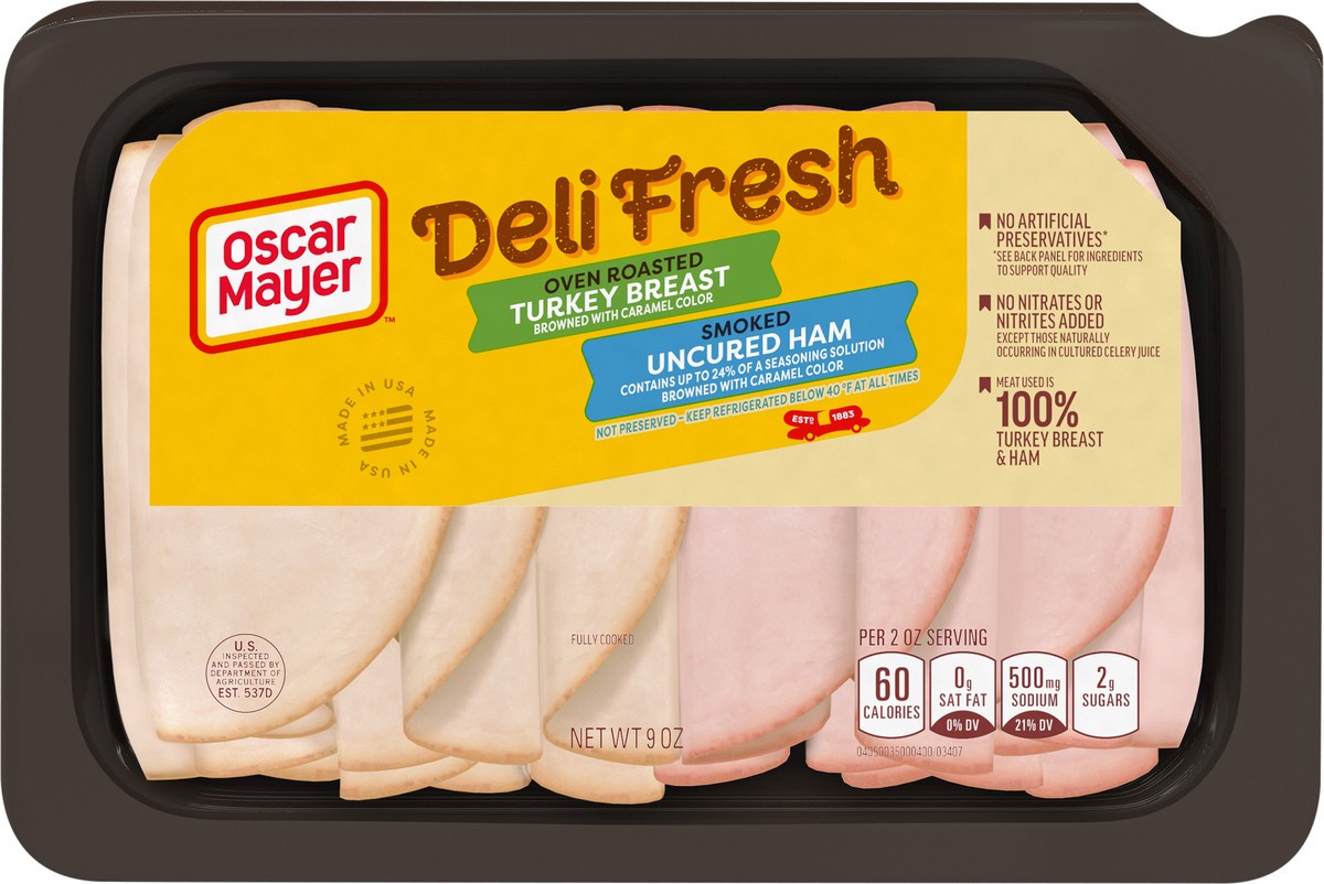 slide 7 of 9, Oscar Mayer Deli Fresh Oven Roasted Turkey Breast & Smoked Uncured Ham Sliced Lunch Meat Variety Pack, 9 oz. Tray, 9 oz