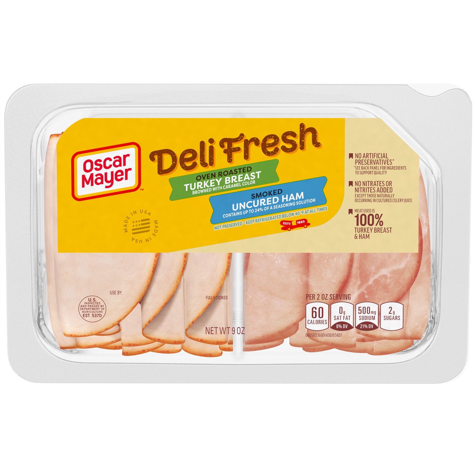 slide 1 of 5, Oscar Mayer Deli Fresh Oven Roasted Turkey Breast & Smoked Uncured Ham Sliced Lunch Meat Variety Pack, 9 oz. Tray, 9 oz