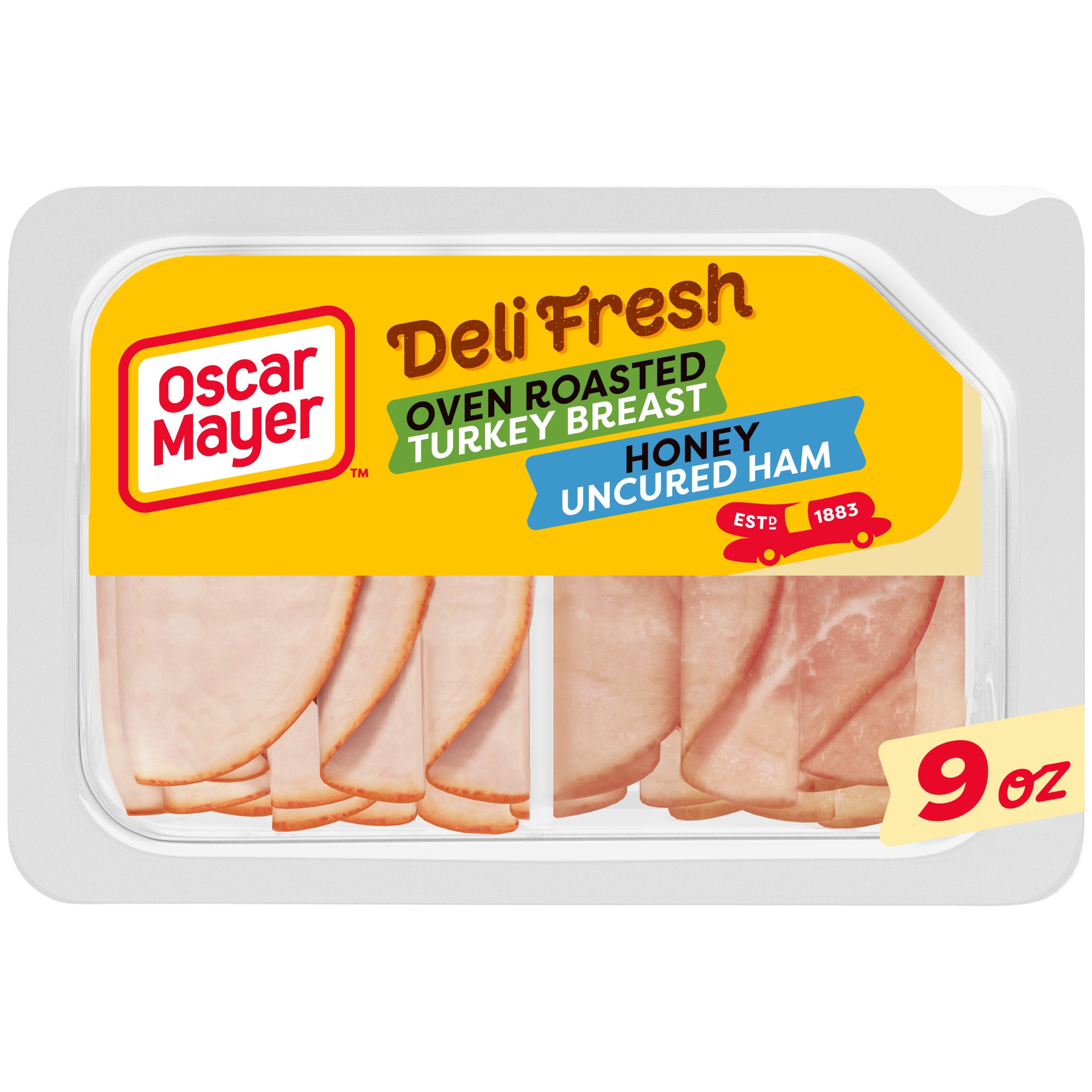 slide 1 of 9, Oscar Mayer Deli Fresh Oven Roasted Turkey Breast & Smoked Uncured Ham Sliced Lunch Meat Variety Pack, 9 oz. Tray, 9 oz
